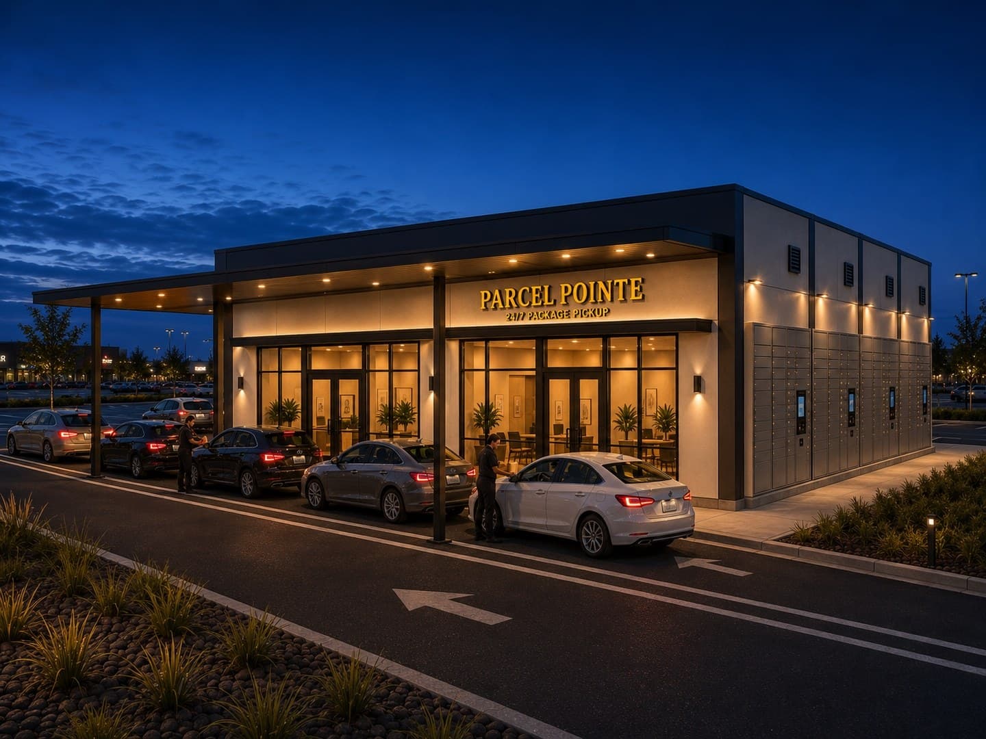 Parcel Pointe drive-through building — an eight-module modular structure with a service window and package locker wall.